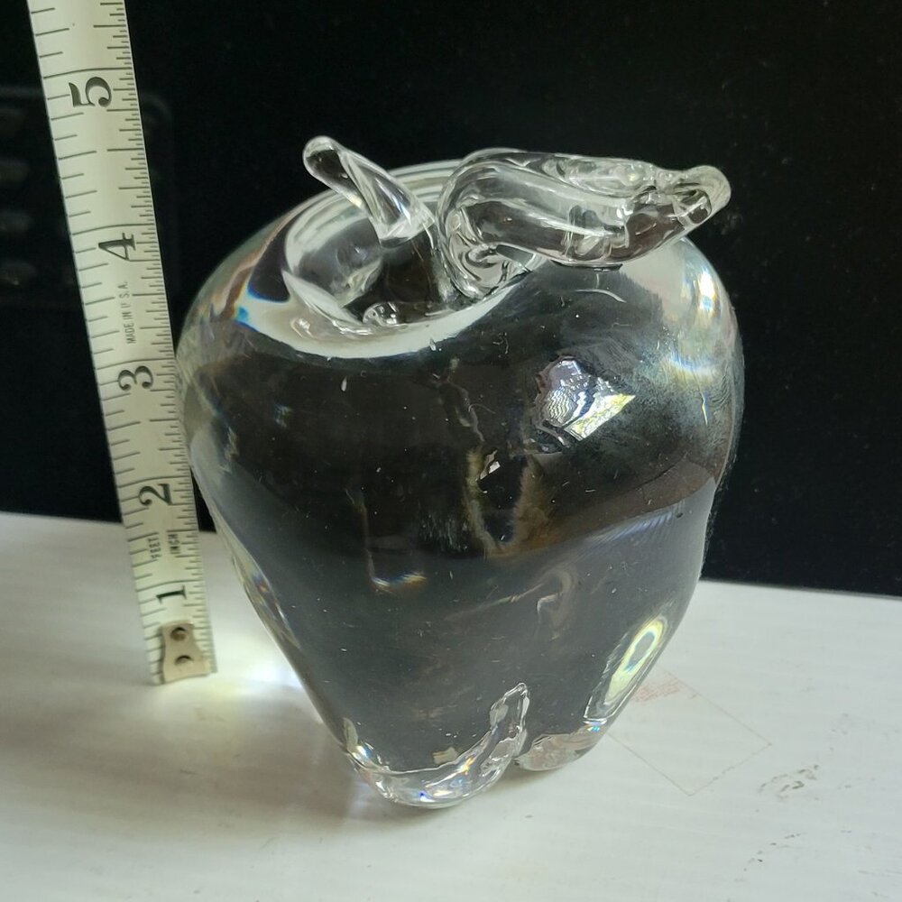SIGNED Large Art Glass Crystal Apple w Leaf Figurine Paperweight 4.5" Tall FLAW?